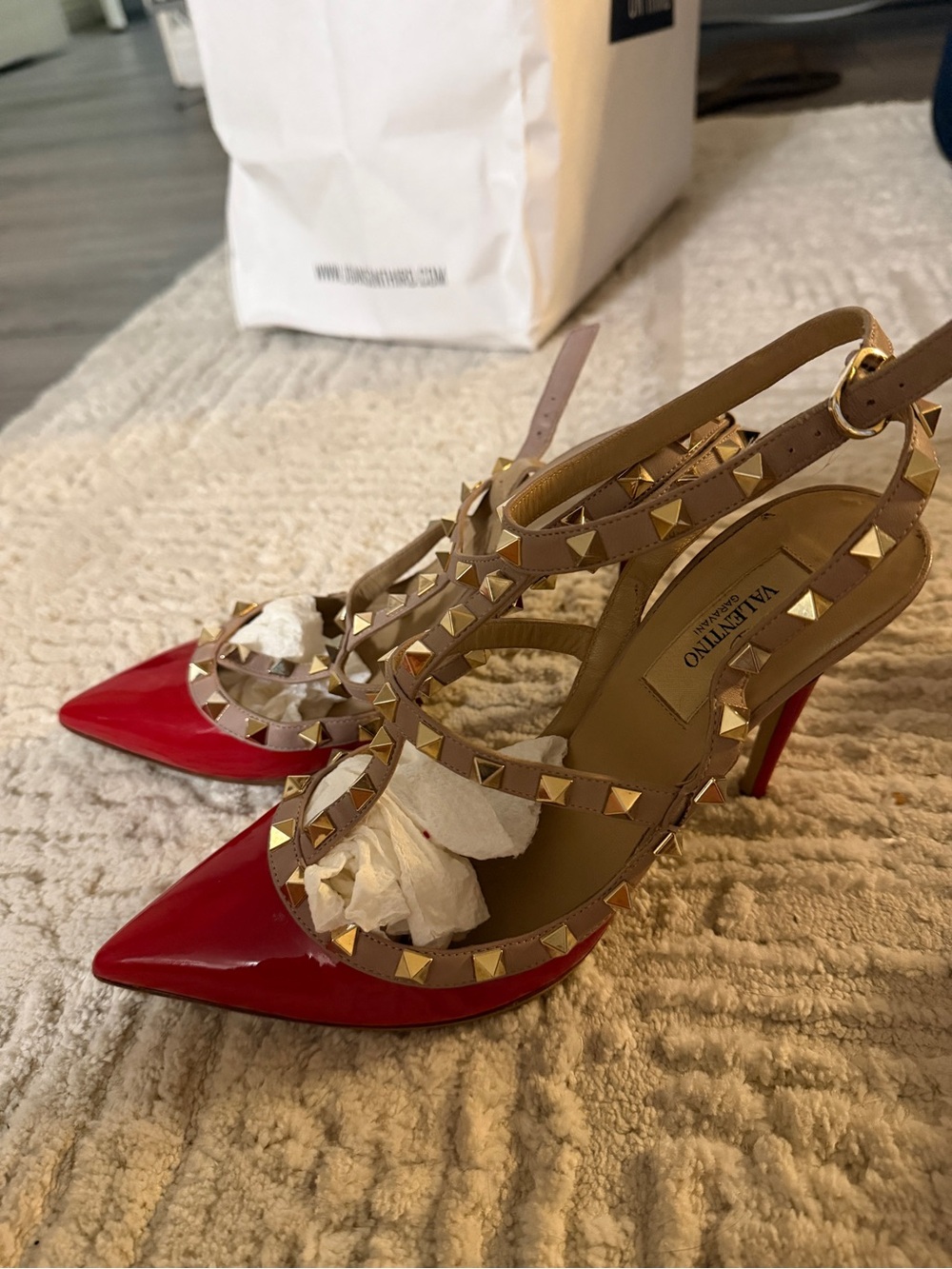 Valentino Red Patent Pointed Rockstud T-Strap Heels with Nude Straps
